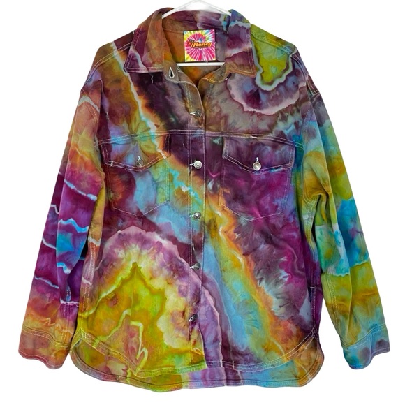 Hand Crafted Tops - Handmade Tie Dye Denim Jean Shirt Womens XS Shacket Jacket Denim Upcycled Pink